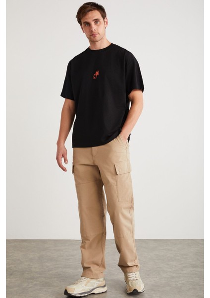 Denver Erkek Baskı Detaylı Oversize Bisiklet Yaka Kısa Kollu %100 Organik Pamuklu Siyah T-shirt