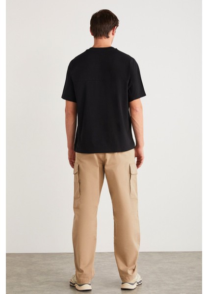 Denver Erkek Baskı Detaylı Oversize Bisiklet Yaka Kısa Kollu %100 Organik Pamuklu Siyah T-shirt