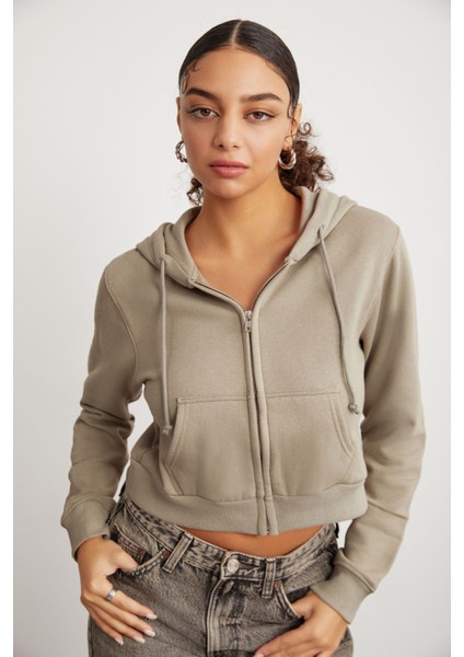 Delıa Kadın Crop İçi Polarlı Fermuarlı Organik Pamuklu Kapüsonlu Kordonlu Bej Sweatshirt modelleri