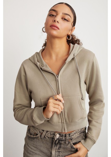 Delıa Kadın Crop İçi Polarlı Fermuarlı Organik Pamuklu Kapüsonlu Kordonlu Bej Sweatshirt fırsatları