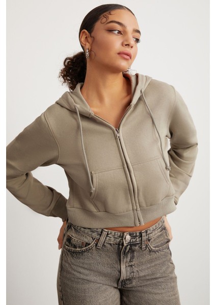 Delıa Kadın Crop İçi Polarlı Fermuarlı Organik Pamuklu Kapüsonlu Kordonlu Bej Sweatshirt indirimleri