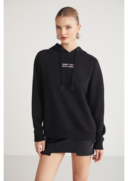 Glace Kadın Ön Ve Arka Baskı Detaylı Kapüşonlu Regular Fit Normal Kalıp Siyah Sweatshirt