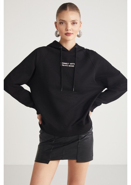 Glace Kadın Ön Ve Arka Baskı Detaylı Kapüşonlu Regular Fit Normal Kalıp Siyah Sweatshirt