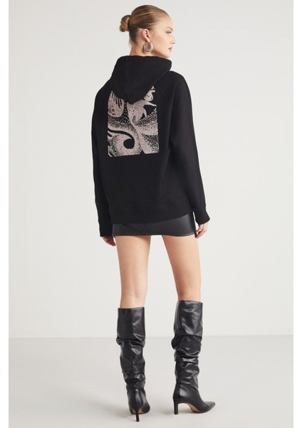 Glace Kadın Ön Ve Arka Baskı Detaylı Kapüşonlu Regular Fit Normal Kalıp Siyah Sweatshirt