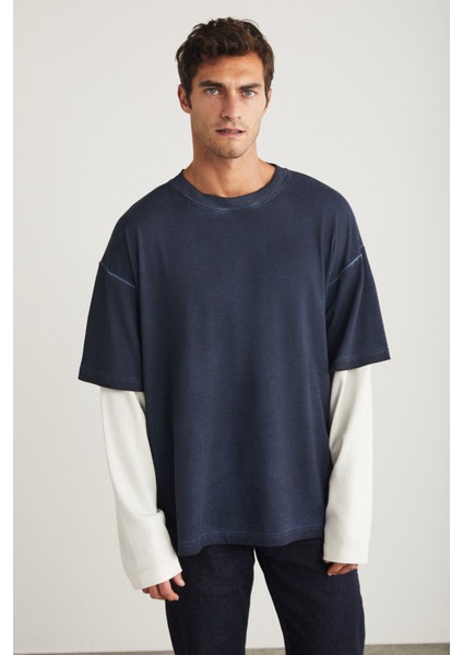 Deny Erkek Uzun Kol Detaylı Oversize Fit Bol Kesim Bisiklet Yaka %100 Organik Pamuk Lacivert T-shirt