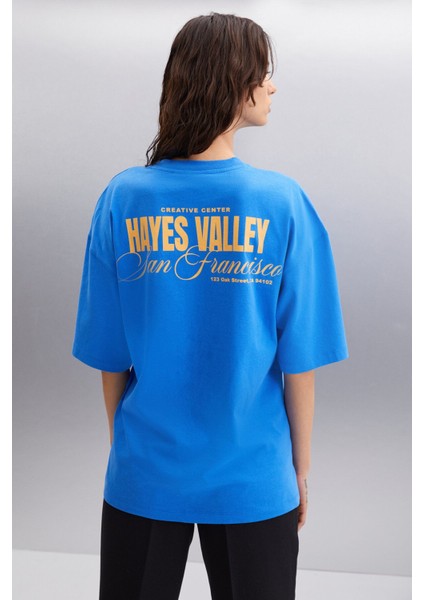 Gıllıan Kadın Ön Ve Arka Baskı Detaylı Oversize &100 Organik Pamuklu Parlament Mavi T-shirt