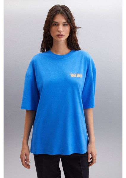 Gıllıan Kadın Ön Ve Arka Baskı Detaylı Oversize &100 Organik Pamuklu Parlament Mavi T-shirt