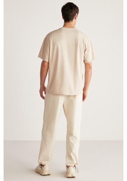 FLORAISON Erkek Bisiklet Yaka %100 Pamuk Oversize Kalıp Bej T-Shirt