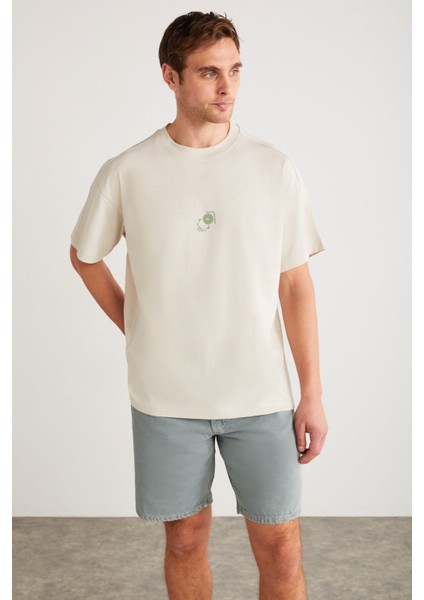 Denver Erkek Baskı Detaylı Oversize Bisiklet Yaka Kısa Kollu %100 Organik Pamuklu Taş Rengi T-shirt