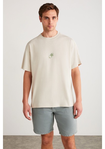 Denver Erkek Baskı Detaylı Oversize Bisiklet Yaka Kısa Kollu %100 Organik Pamuklu Taş Rengi T-shirt indirimleri