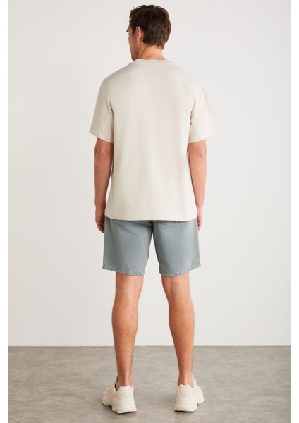 Denver Erkek Baskı Detaylı Oversize Bisiklet Yaka Kısa Kollu %100 Organik Pamuklu Taş Rengi T-shirt