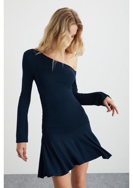 Glenıs Kadın Viscon Kayık Yaka Slim Fit Lacivert Elbise fırsatları