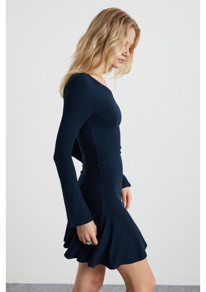 Glenıs Kadın Viscon Kayık Yaka Slim Fit Lacivert Elbise