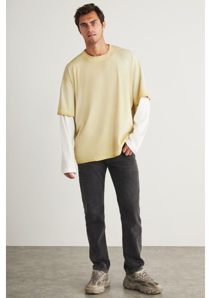 Deny Erkek Uzun Kol Detaylı Oversize Fit Bol Kesim Bisiklet Yaka %100 Organik Pamuk Açık Bej T-shirt