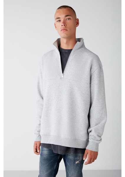 Frame Erkek Yarım Fermuarlı Dik Yakalı Yumuşacık Kumaşlı Polarlı Regular Grimelanj Sweatshirt
