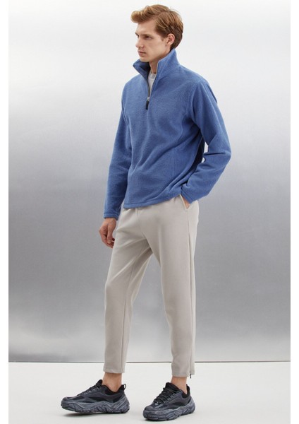 Hayes Erkek Polar Yarım Fermuarlı Deri Aksesuarlı Kalın Dokulu Comfort Fit Indigo Polar indirimleri