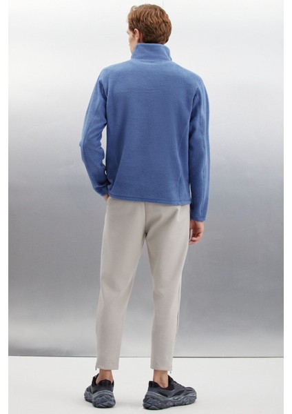 Hayes Erkek Polar Yarım Fermuarlı Deri Aksesuarlı Kalın Dokulu Comfort Fit Indigo Polar