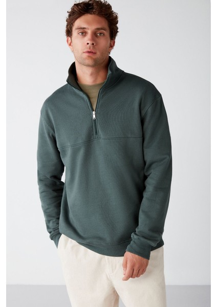Frame Erkek Yarım Fermuarlı Dik Yakalı Yumuşacık Kumaşlı Polarlı Regular Yeşil Sweatshirt