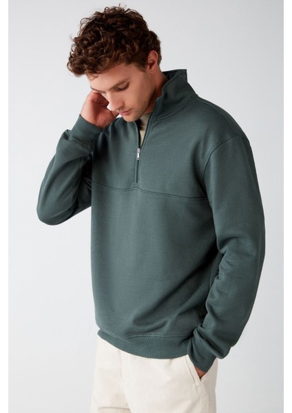 Frame Erkek Yarım Fermuarlı Dik Yakalı Yumuşacık Kumaşlı Polarlı Regular Yeşil Sweatshirt modelleri