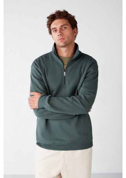 Frame Erkek Yarım Fermuarlı Dik Yakalı Yumuşacık Kumaşlı Polarlı Regular Yeşil Sweatshirt indirimleri