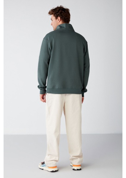 Frame Erkek Yarım Fermuarlı Dik Yakalı Yumuşacık Kumaşlı Polarlı Regular Yeşil Sweatshirt