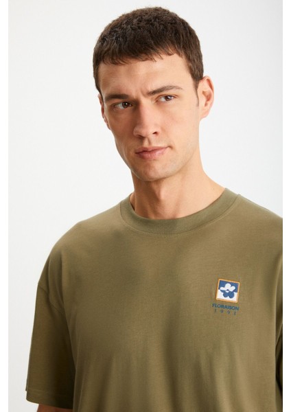 FLORAISON Erkek Bisiklet Yaka %100 Pamuk Oversize Kalıp Haki T-Shirt
