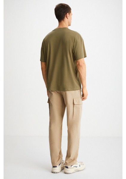 FLORAISON Erkek Bisiklet Yaka %100 Pamuk Oversize Kalıp Haki T-Shirt