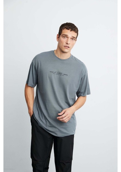 Frank Erkek Kalın Dokulu Baskı Detaylı Oversize &100 Organik Pamuklu Gri T-shirt modelleri