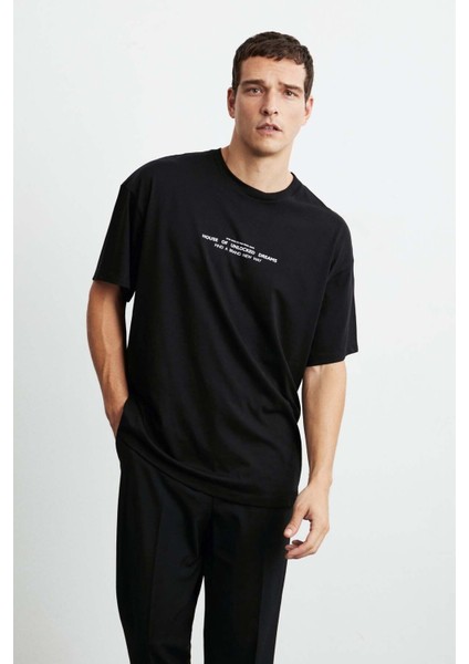 Frank Erkek Kalın Dokulu Baskı Detaylı Oversize &100 Organik Pamuklu Siyah T-shirt