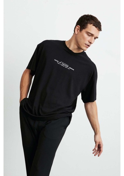 Frank Erkek Kalın Dokulu Baskı Detaylı Oversize &100 Organik Pamuklu Siyah T-shirt modelleri