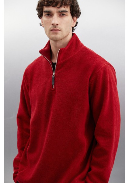 Hayes Erkek Polar Yarım Fermuarlı Deri Aksesuarlı Kalın Dokulu Comfort Fit Bordo Polar fiyatları