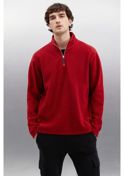 Hayes Erkek Polar Yarım Fermuarlı Deri Aksesuarlı Kalın Dokulu Comfort Fit Bordo Polar modelleri