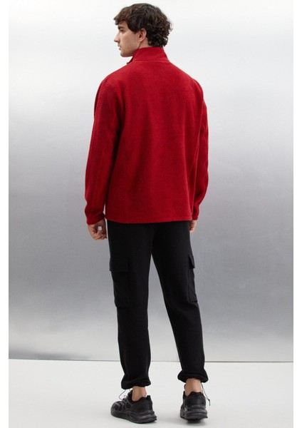 Hayes Erkek Polar Yarım Fermuarlı Deri Aksesuarlı Kalın Dokulu Comfort Fit Bordo Polar indirimleri