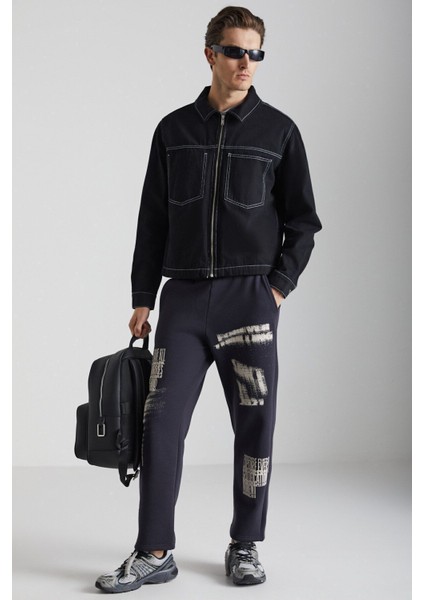 Iakob Erkek Yumuşak Kumaşlı Baskı Detaylı Regular 3 Iplik Organik Pamuklu Antrasit Eşofman Altı