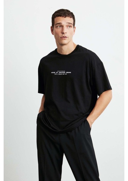 Frank Erkek Kalın Dokulu Baskı Detaylı Oversize &100 Organik Pamuklu Siyah T-shirt