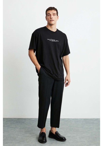 Frank Erkek Kalın Dokulu Baskı Detaylı Oversize &100 Organik Pamuklu Siyah T-shirt