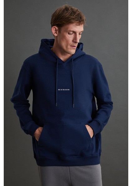 Epıc Erkek Yumuşak Kapüşonlu Kordonlu Regular Fit Nakışlı Lacivert Sweatshirt