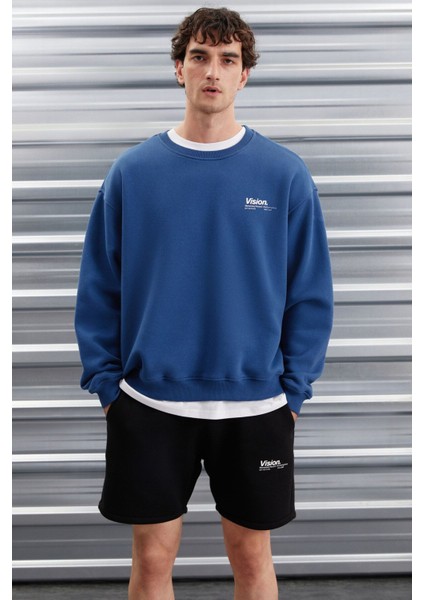 Ernest Erkek Yumuşacık Içi Polarlı Baskı Detaylı Organik Pamuk Oversize Mavi Sweatshirt