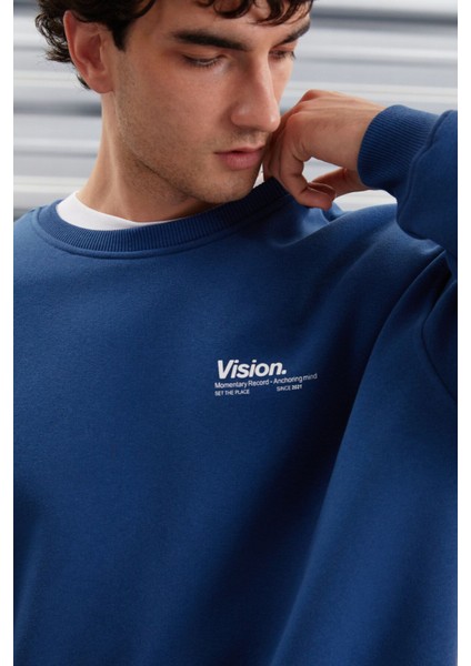 Ernest Erkek Yumuşacık Içi Polarlı Baskı Detaylı Organik Pamuk Oversize Mavi Sweatshirt