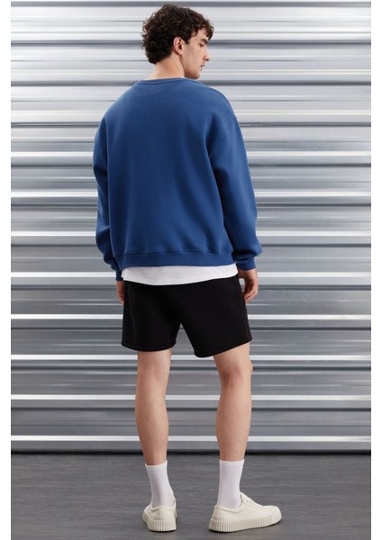 Ernest Erkek Yumuşacık Içi Polarlı Baskı Detaylı Organik Pamuk Oversize Mavi Sweatshirt