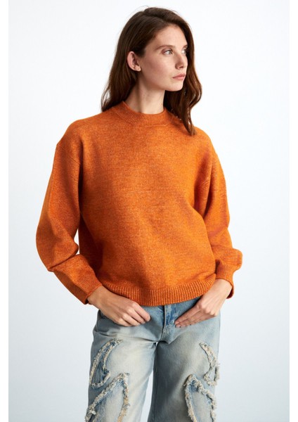 Nanna Kadın Akrilik-Polyester Yuvarlak Yaka Oversize Triko Turuncu Kazak