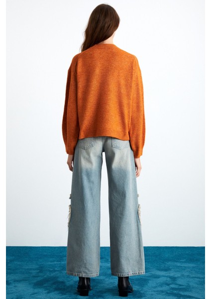 Nanna Kadın Akrilik-Polyester Yuvarlak Yaka Oversize Triko Turuncu Kazak indirimleri