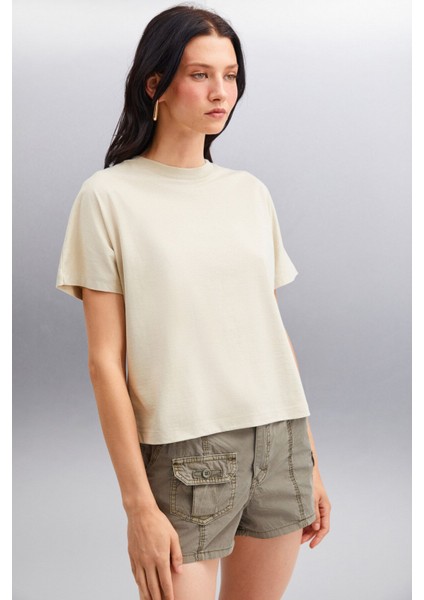 Lottıe Kadın %100 Organik Pamuklu Regular Kalıp Bisiklet Yaka Basic Kısa Kollu Gri T-shirt modelleri