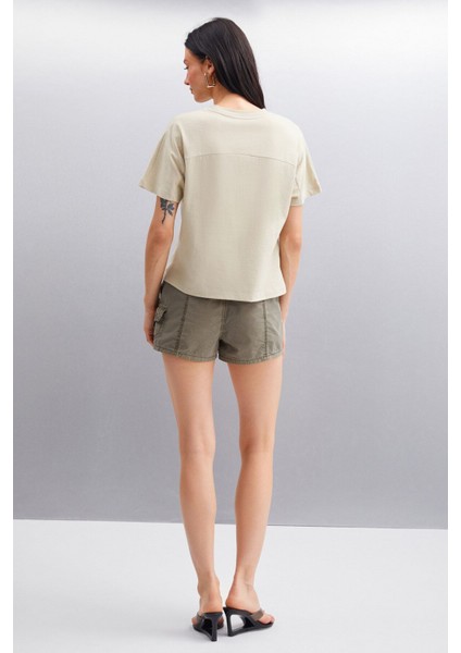 Lottıe Kadın %100 Organik Pamuklu Regular Kalıp Bisiklet Yaka Basic Kısa Kollu Gri T-shirt indirimleri