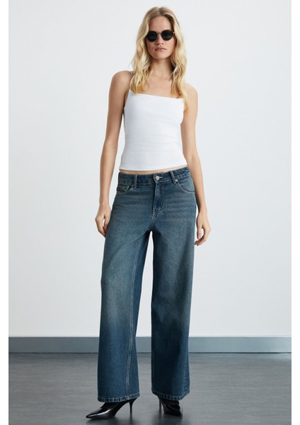 Lorela Kadın Baggy Bol Paça Düşük Bel Denim Koyu Mavi Jeans