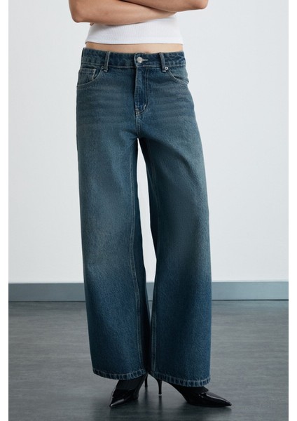 Lorela Kadın Baggy Bol Paça Düşük Bel Denim Koyu Mavi Jeans