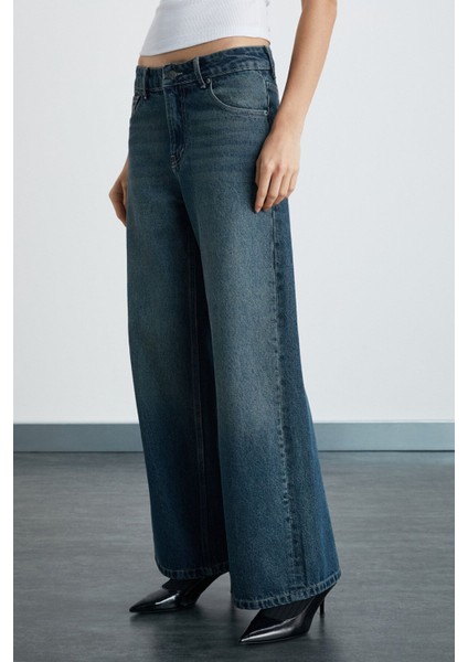 Lorela Kadın Baggy Bol Paça Düşük Bel Denim Koyu Mavi Jeans