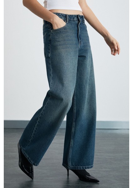 Lorela Kadın Baggy Bol Paça Düşük Bel Denim Koyu Mavi Jeans
