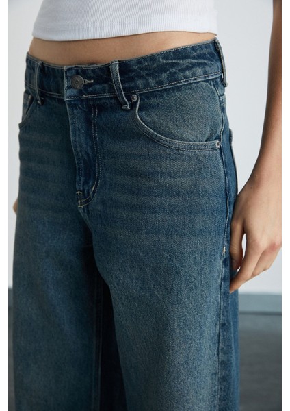Lorela Kadın Baggy Bol Paça Düşük Bel Denim Koyu Mavi Jeans