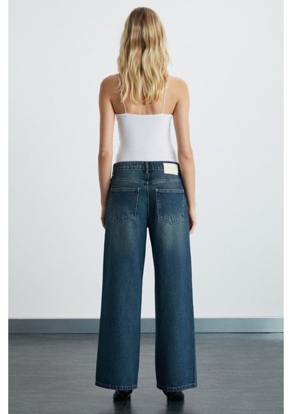 Lorela Kadın Baggy Bol Paça Düşük Bel Denim Koyu Mavi Jeans